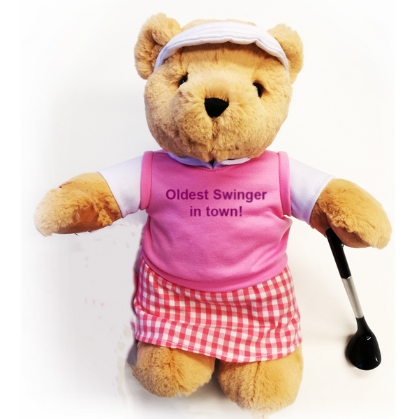 Oldest Swinger in Town Golfing Teddy Bear (girl) - Golf Gifts UK - Golf wrapped up